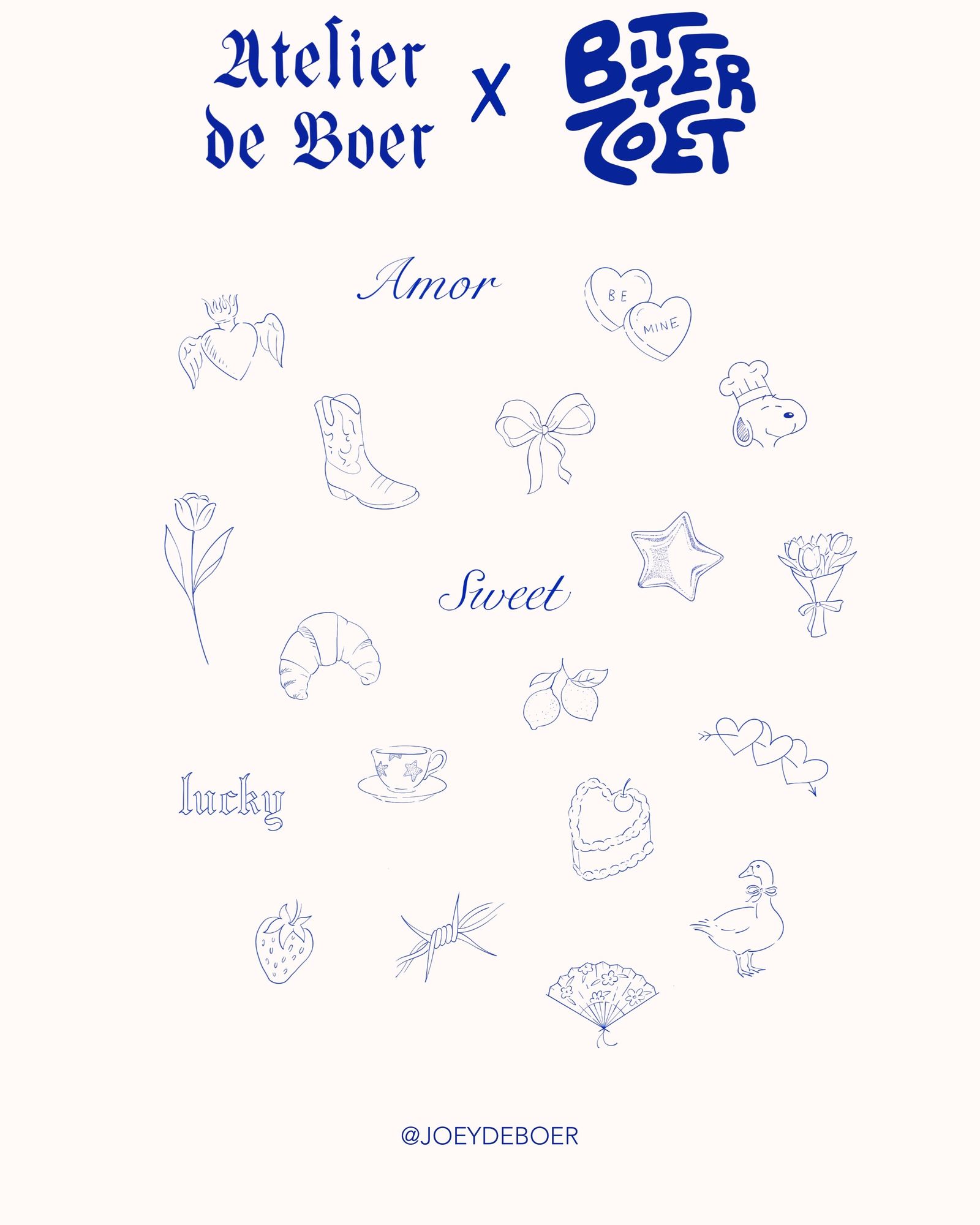 Blue flash sheet by Joey for the Bitterzoet flashday: hearts, a bow, a cowboy boot, a croissant, a strawberry and the words Amor, Sweet and lucky