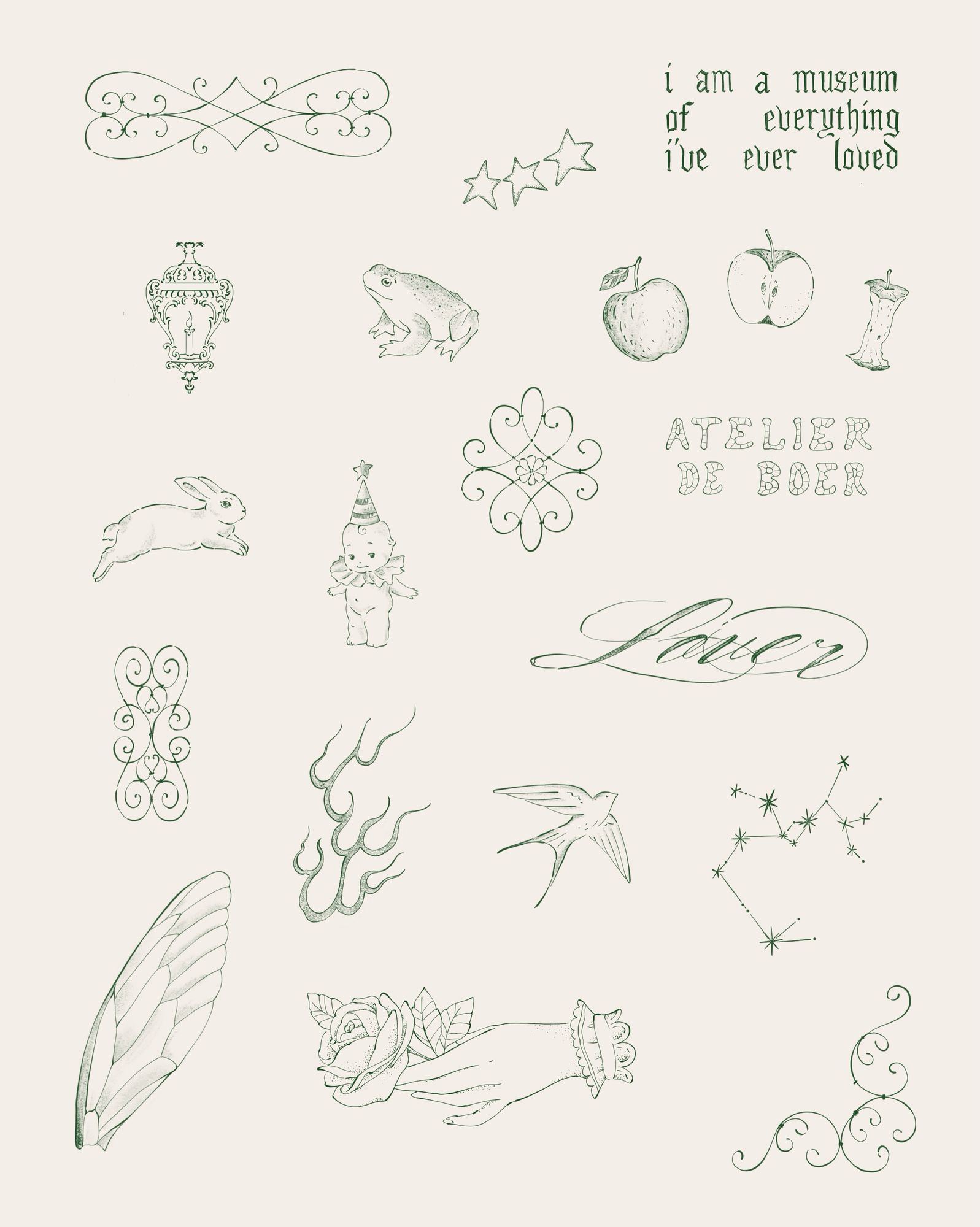 Flash sheet in green ink: ornaments, a frog, apples, a rabbit, a swallow, a constellation, 'Lover' in script and the line 'i am a museum of everything i've ever loved'