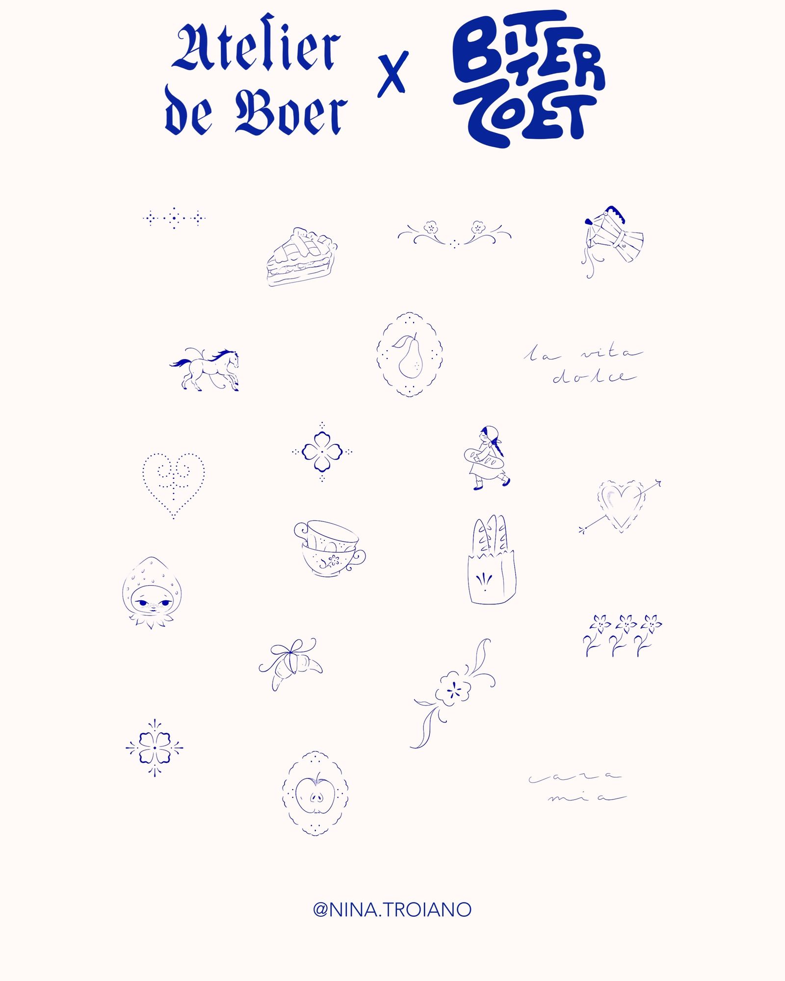 Flash sheet by Nina in blue ink with small ornaments, fruit and script