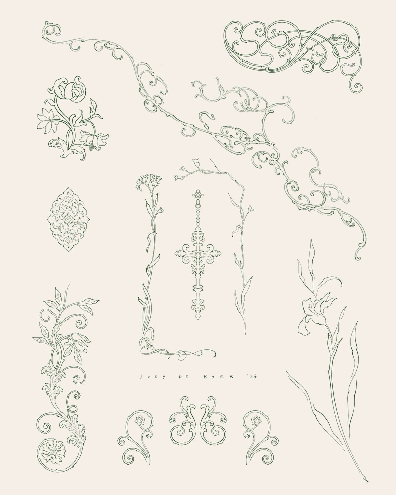 Flash sheet in green ink with filigree frames, scrolls and botanical ornaments